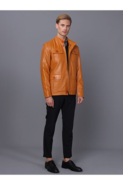 Basics&More سترة جلدية بنية للرجال