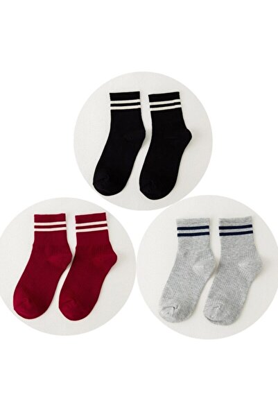 çorapmanya 6' Çift Kadın Kırmızı - Gri- Siyah Pamuklu Kolej Tenis Çorap