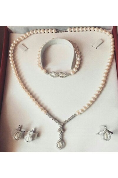 Aşina Gümüş Yeni Yıl Hediyesi Damla Gerdanlık Kolye Küpe Bileklik Yüzük Set 8...