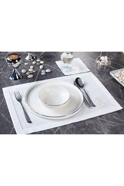 Elioure 2-Piece Embroidered Linen Effect American Service, Ecru, Stylish and Elegant Design