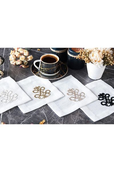 caka home design 6 قطع مناديل كوكتيل مطرزة ملكية بتأثير الكتان (كريمي)