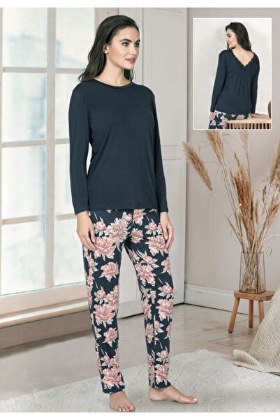 NBB Жіночий піжамний комплект темно-синього кольору з квітковим візерунком і деталями на спині 67000