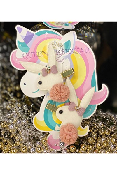 QUEEN AKSESUAR Σετ αγκράφες για κορίτσια με κρέμα κουνελιού και πομπόν