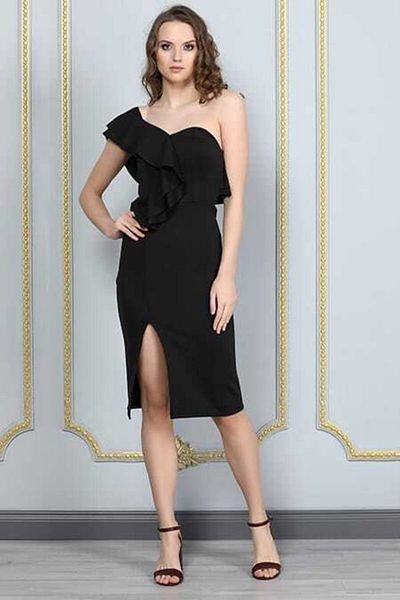 Md1 Collection Flexible Fabric One Shoulder Black Evening Dress with Ruffle and Slit Detail Black Graduation Dress