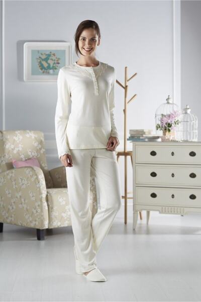 SEASOUL Kadın Krem Ev Terlikli Pijama Takım