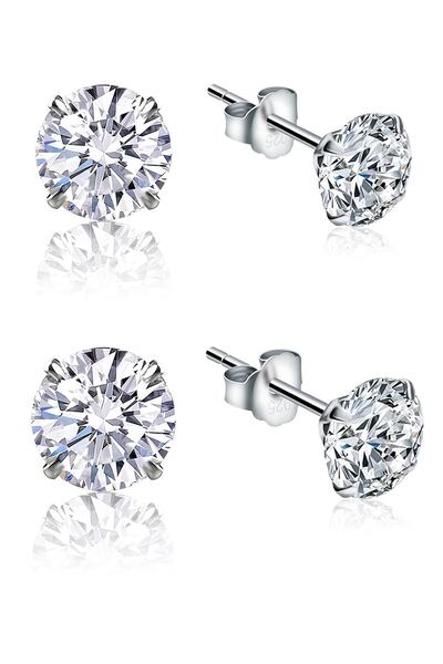 Jewelry For Light 925 Ayar Gümüş, 2'li Set 3mm,4mm Yuvarlak, Beyaz Tektaş, Zi...