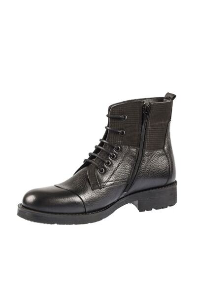 Fosco Erkek Siyah Bağcıklı  Hakiki Deri Kauçuk Taban Sıcak Astar   Bot