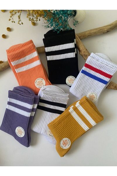 çorapdunyam Unisex 6-Piece Colorful Striped College Tennis Socks Gv5331