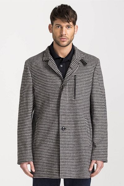 hateko Men's Black and White Houndstooth Patterned Slim-Fit Cashmere Coat