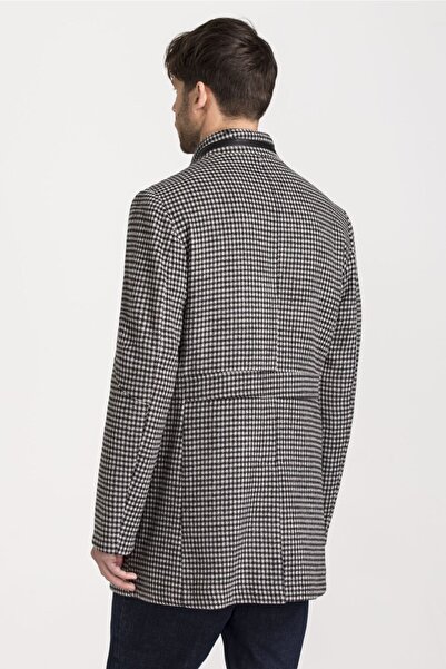 hateko Men's Black and White Houndstooth Patterned Slim-Fit Cashmere Coat