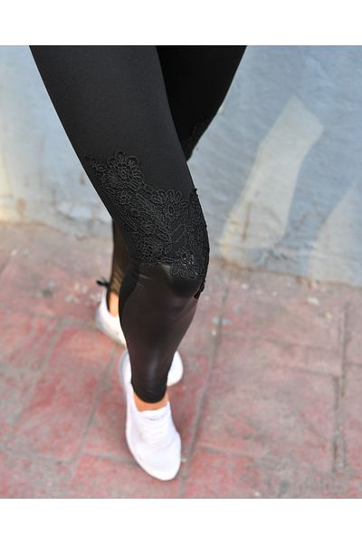 Grenj Fashion Jambiere cu talie înaltă, cu detaliu în guipur din piele neagră