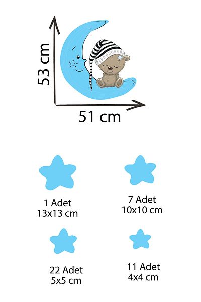 Tilki Dünyası Cute Bear Sleeping on Blue Moon and Blue Stars Kids Room Wall Sticker