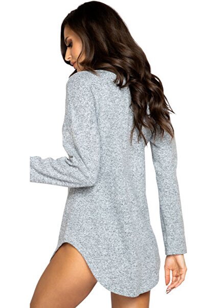 LoeFit Kadın Kadın Gri Uzun Kollu Boyfriend Gecelik Erotik Seksi Ev Elbisesi
