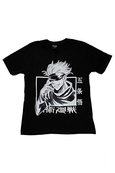 Orijin Tricou negru unisex obișnuit din bumbac imprimat cu anime Jujutsu Kais...
