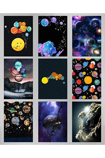 hediyeniburadabul 9 Parça Gezegen Tasarım Ahşap Tablo Seti