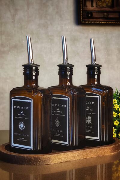 KHAKMA Oval Ahşap Stantlı Amber Zeytinyağı Sıvıyağ Sirke Şişesi Queen Yağdanlık 3lü Set Csiyah300ml