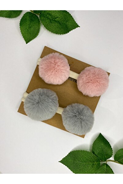 Baby Minnak Djevojčica, puder siva, 2-dijelni set bandana sa pomponima Pliš