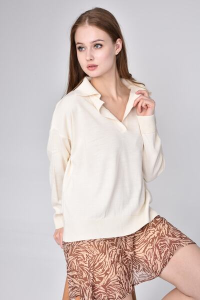 Luna Carina Tricoturi crem pentru damă, guler polo, pulover subțire de sezon