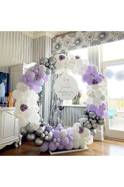 MERİ PARTİ Chrome Silver Lilac And White Balloon 5 Meter Chain Set