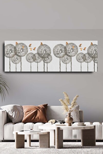 Blok Design Dekoratif Soyut Kuş Ve Ağaç Sürreal Kanvas Duvar Tablosu 120x40cm...