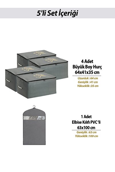 umbellatum Hurç Organizer Saklama Çantası 4 Adet 64x41x35 Cm Ve 1 Elbise Kılıfı Gri Renk 5'li Set