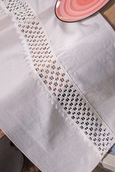 vivamaison Ortası Dantelli Krem 42x150 Cm Keten Runner Masa Örtüsü