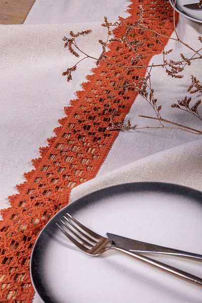 vivamaison Tile Tile 42x150 Cm Linen Runner Table Cloth with Lacy Middle