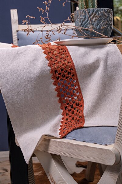 vivamaison Tile Tile 42x150 Cm Linen Runner Table Cloth with Lacy Middle