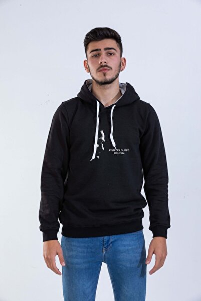 Raf Coll Ünisex Siyah Atatürk 10 Kasım Dijital Baskılı Kapüşonlu Sweatshirt