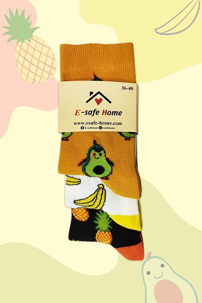 Esafe Home عبوة من 3 جوارب نسائية بطابع الفاكهة (الأفوكادو - الموز - الأناناس)