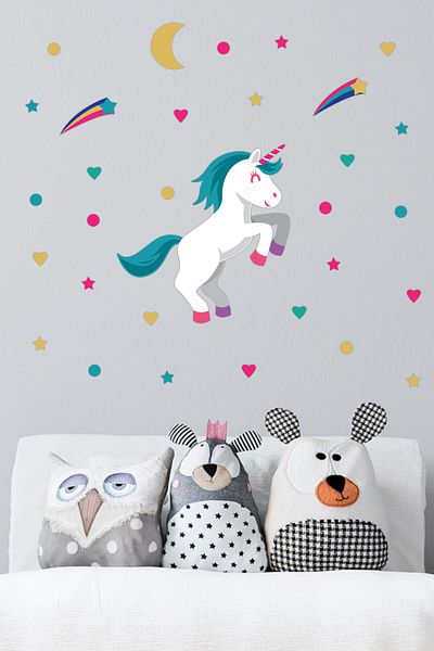 Tilki Dünyası Cute Unicorn Colorful Stars and Hearts Kids Room Dvuar Sticker