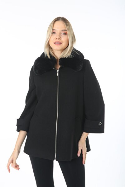 Lalezar Kadın Siyah Suni Kürklü Fermuarlı Kısa Kaban