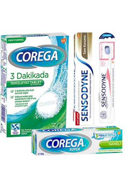 Corega قرص تنظيف أسنان سنسوداين - كريم 30 نعناع، فرشاة أسنان ناعمة 50 مل