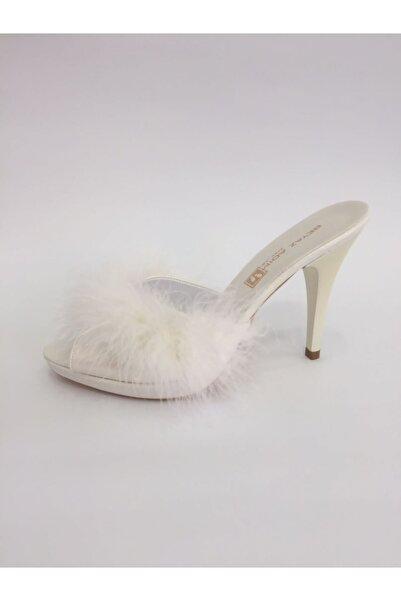 Beyaz Adım Ayakkabı Women's Cream Feather Bridal Slippers