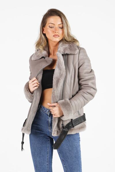 Derimiz Hakiki Deri Kürk Kaban Pudra