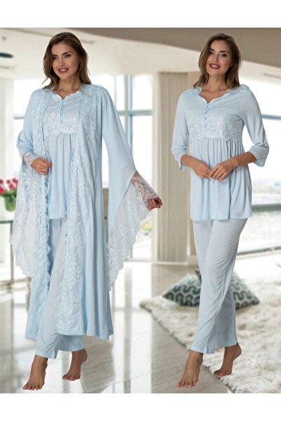 CT MODA الدانتيل الأزرق الخاص - بيجامة الأمومة ومجموعة ثوب الصباح