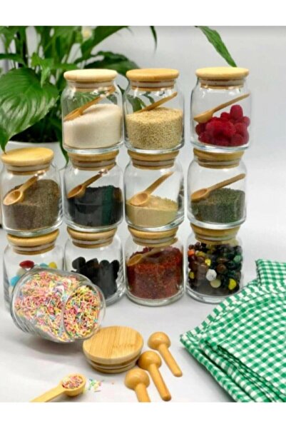 Kitchen Pembelia Bambu Kapaklı 300 ml 12 Adet Kavanoz ve 12 Adet Mini Baharat...