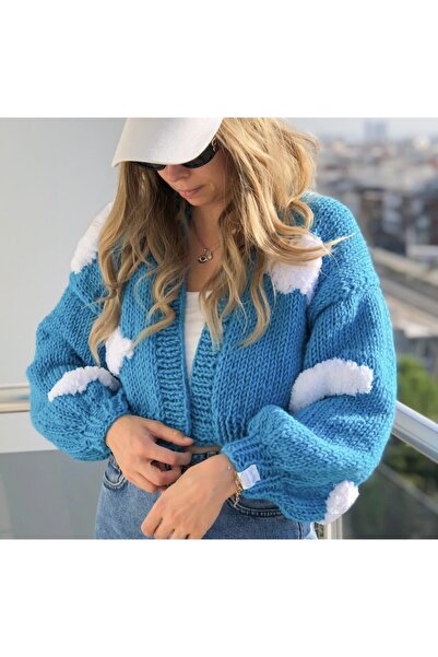 ORGANICMIRA Kadın Bulutlu Açık Mavi Oversize Crop Hırka