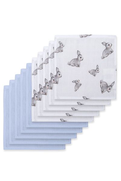 DEUX LAPINS 100% Cotton Iconique Lapin & Endless Blue Pack of 10 Muslin Mouth Cloths