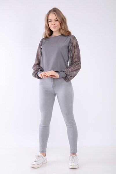 Neslice in İstanbul Women's Gray Color Jacquard Glitter Blouse with Sleeves