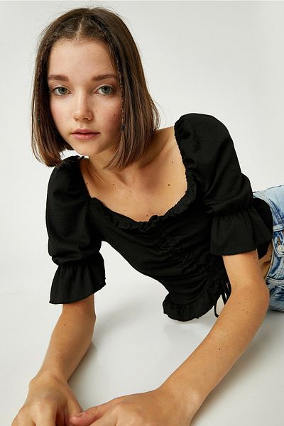 Koton Women's Balloon Sleeve U-Neck Black T-Shirt 2Kal18202Ik