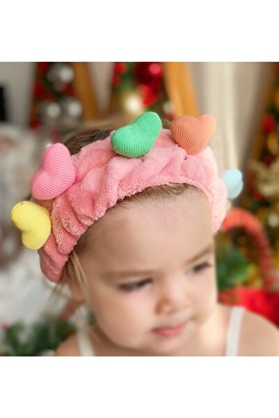 QUEEN AKSESUAR Drăguță catifea pufosă, cu inimioare colorate, bentiță pentru păr pentru bebeluși, bandană cu inimă, roz uscat