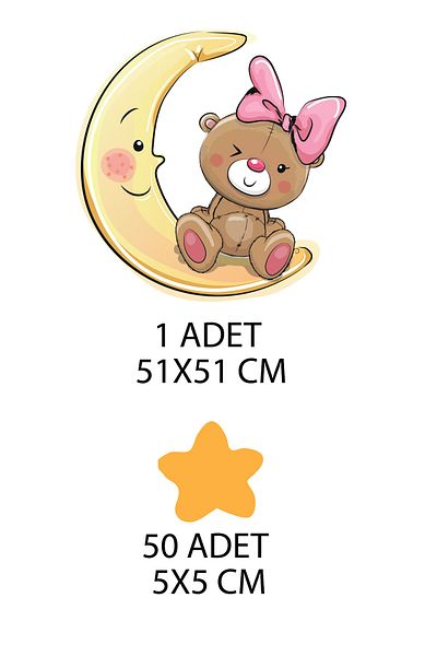 Tilki Dünyası Cute Teddy Bear on the Moon and Yellow Stars Kids Room Wall Sticker
