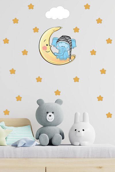 Tilki Dünyası Cute Blue Elephant White Cloud Sleeping on the Moon Kids Room Wall Sticker