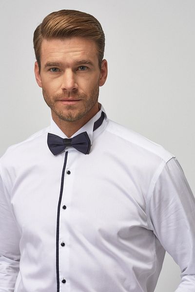 ALTINYILDIZ CLASSICS Herren-Bräutigam-Hemd in Weiß-Marineblau mit Ata-Kragen, maßgeschneidertes Slim-Fit-Slim-Fit-Hemd