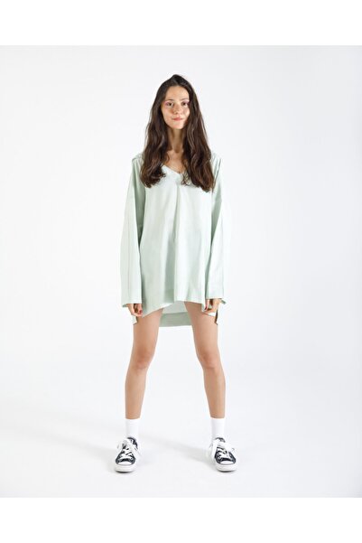 Pinuts Mint Yeşili Bol Kalıp Kapüşonlu Ince Kumaş Dokuma Sweat Tunik Elbise