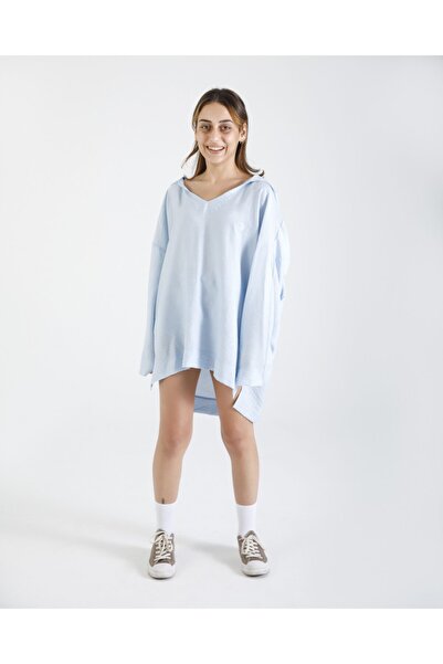 Pinuts Unisex Mavi Bol Kalıp Kapüşonlu İnce Kumaş Dokuma Sweat Elbise