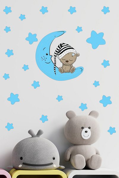 Tilki Dünyası Cute Bear Sleeping on Blue Moon and Blue Stars Kids Room Wall Sticker