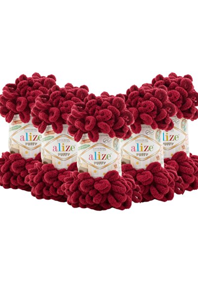 Alize Pack of 5 Puffy Hand Knitting Yarn - 740 Cherry - 100 Gr. 9 Mt. Finger Knit Lanyard