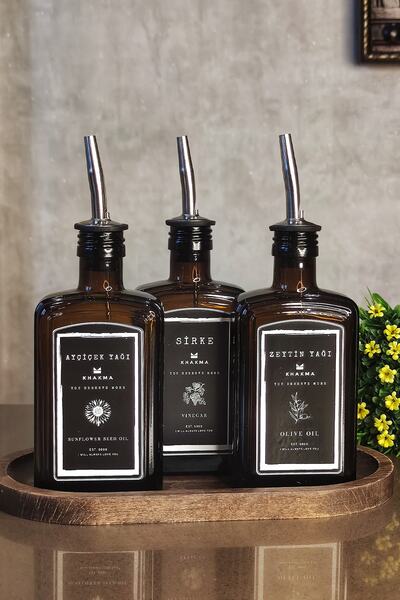 KHAKMA Oval Ahşap Stantlı Amber Zeytinyağı Sıvıyağ Sirke Şişesi Queen Yağdanlık 3lü Set Csiyah300ml